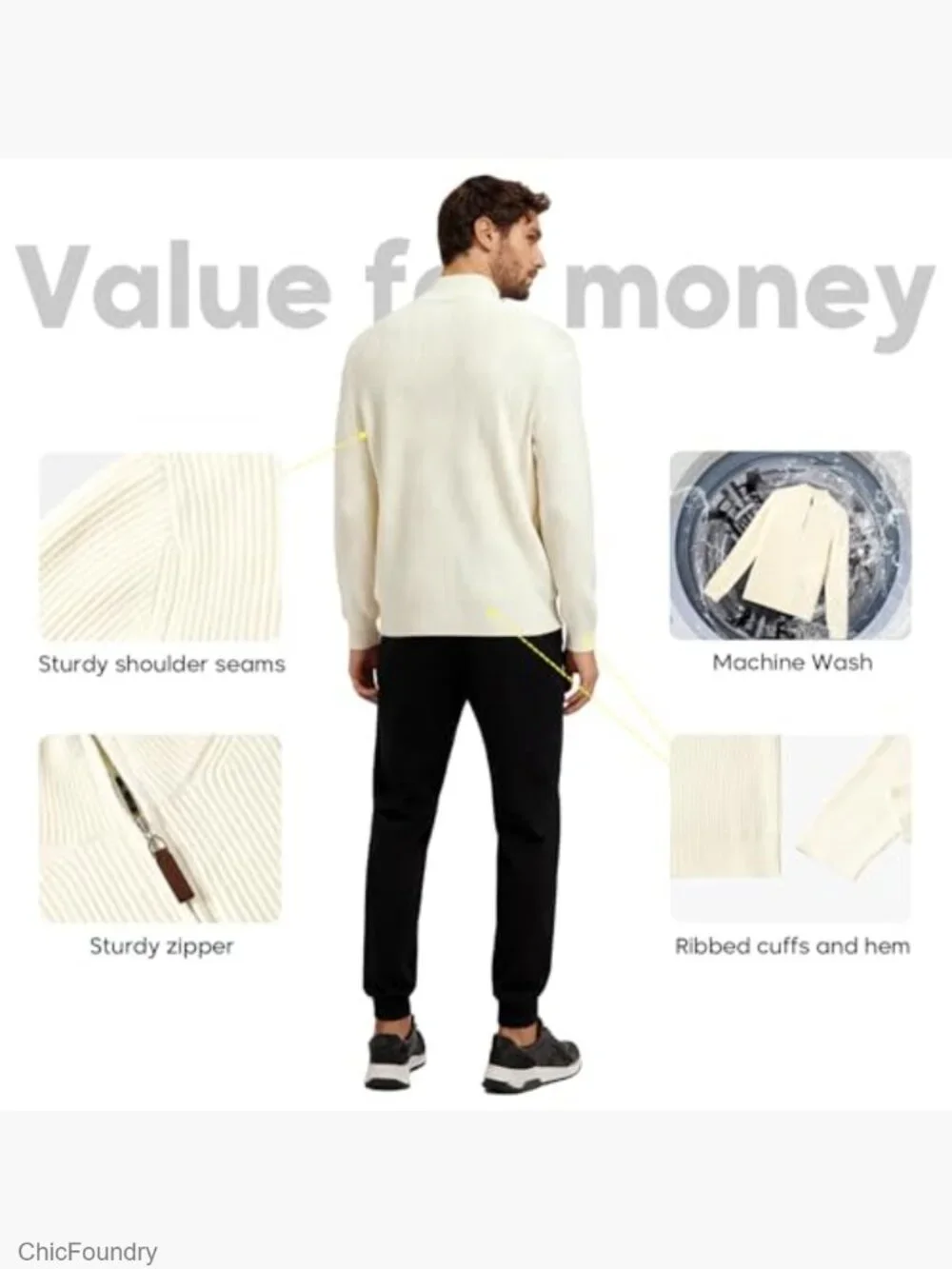 Men's Quarter Zip Sweater, Mock Neck Knit Pullover Lightweight Regular Fit Long